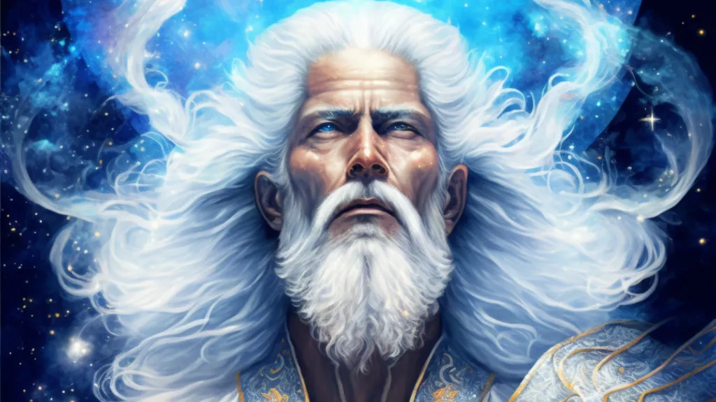 a painting of a man with white hair and a beard. beard, painting, art, flash photography, artist, cg artwork, facial hair, electric blue, illustration, moustache