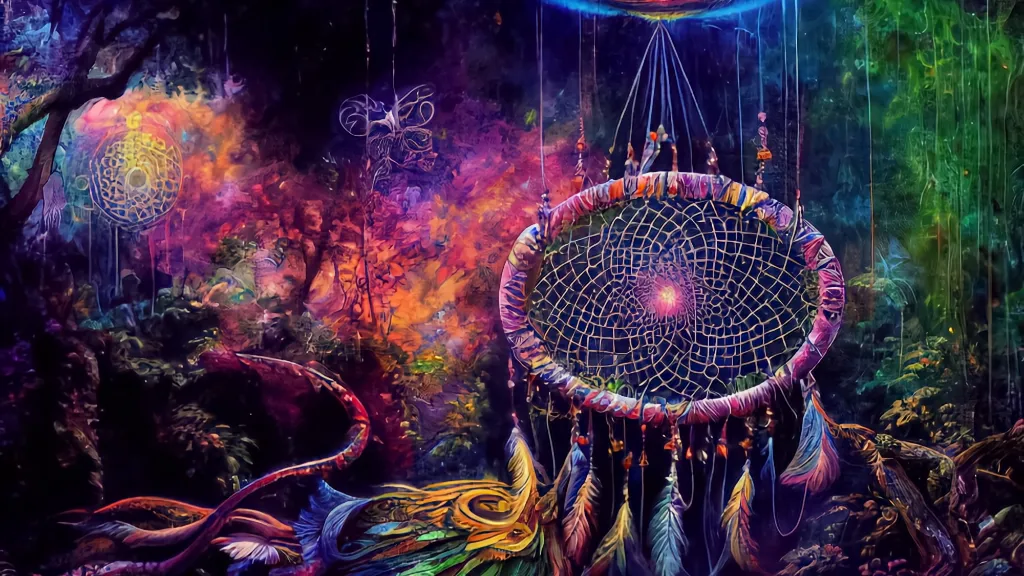 a painting of a dream catcher in a forest. water, light, purple, entertainment, art, tree, electric blue, event, magenta, space