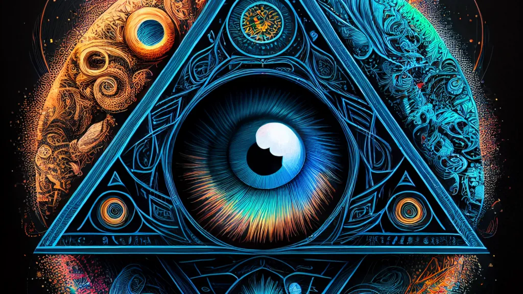 a painting of a triangle with an eye inside of it. light, blue, azure, organism, aqua, eyelash, symmetry, circle, pattern, electric blue
