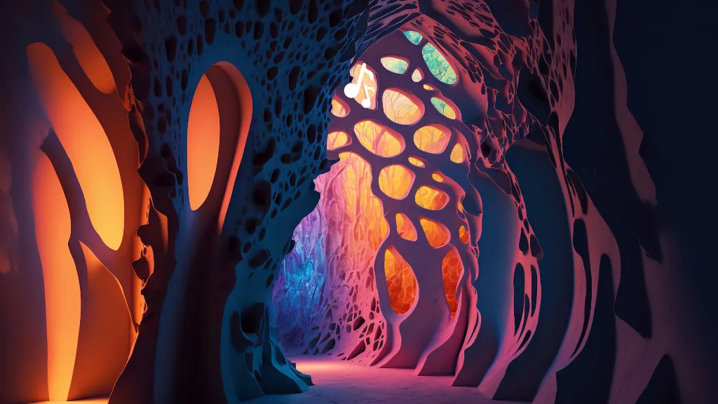 a tunnel in the middle of a forest filled with trees. purple, world, organism, art, tints and shades, geological phenomenon, magenta, font, electric blue, pattern