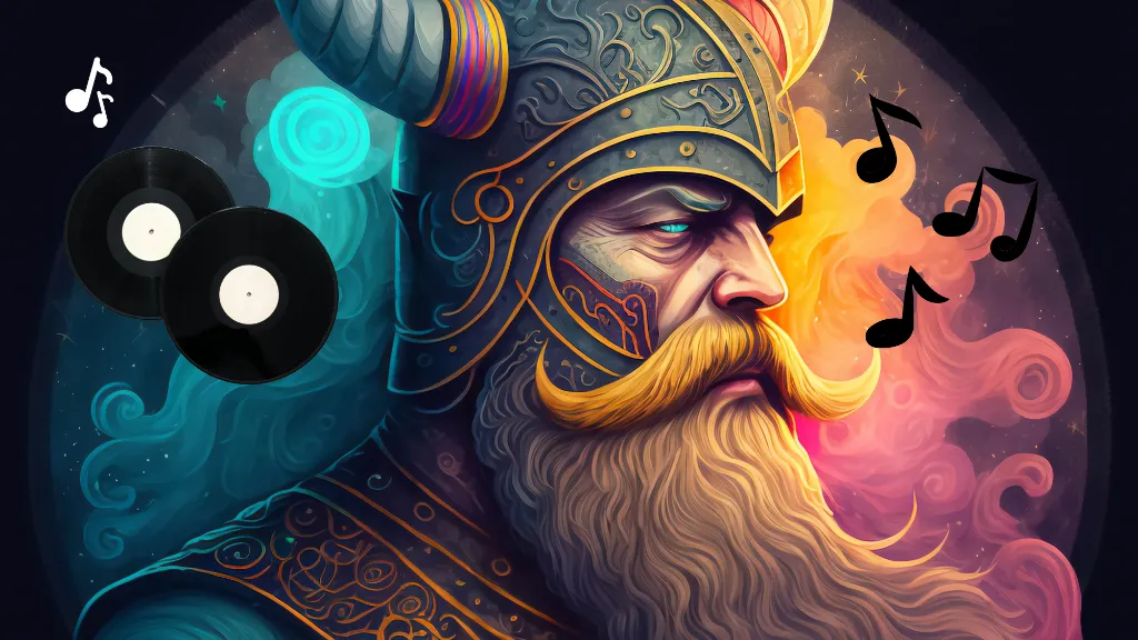 a man with a beard wearing a helmet and holding a record. beard, art, painting, font, facial hair, visual arts, graphics, illustration, cg artwork, event