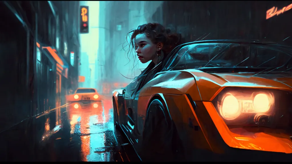 a woman standing next to a car in the rain. car, land vehicle, vehicle, tire, wheel, automotive lighting, hood, automotive design, motor vehicle, headlamp