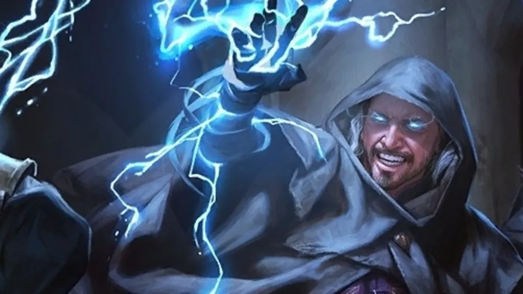 a man in a robe holding a lightning bolt. smile, gesture, cool, art, electric blue, darkness, fictional character, event, flash photography, illustration