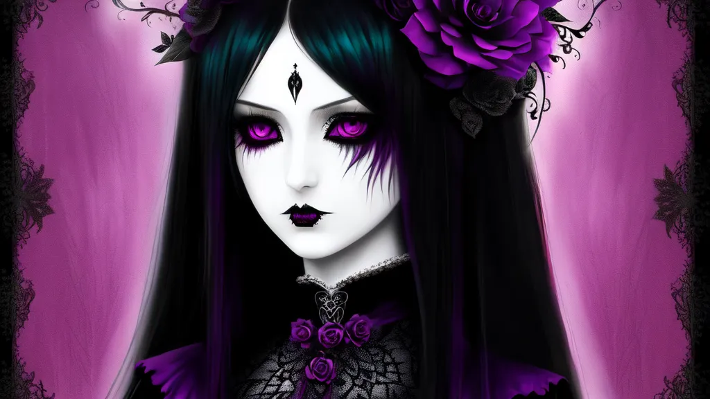 a painting of a woman with purple eyes and black hair