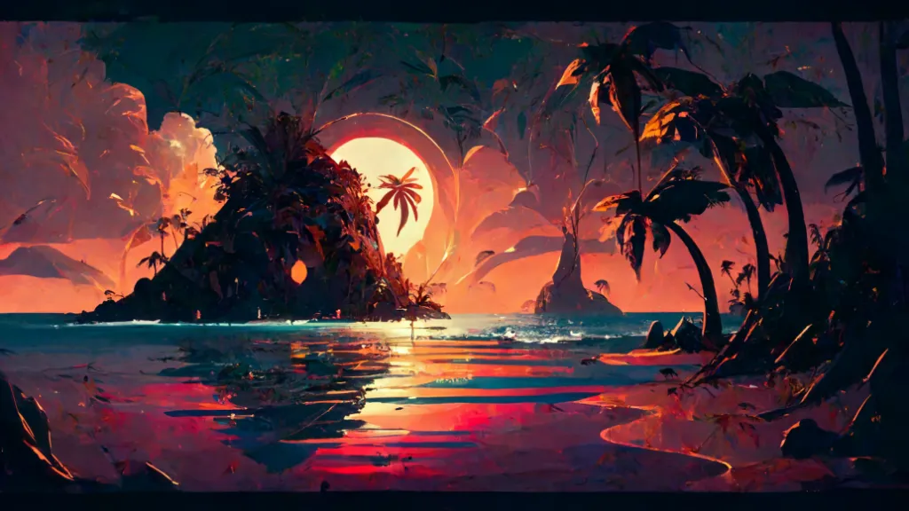 a painting of a sunset over a tropical island