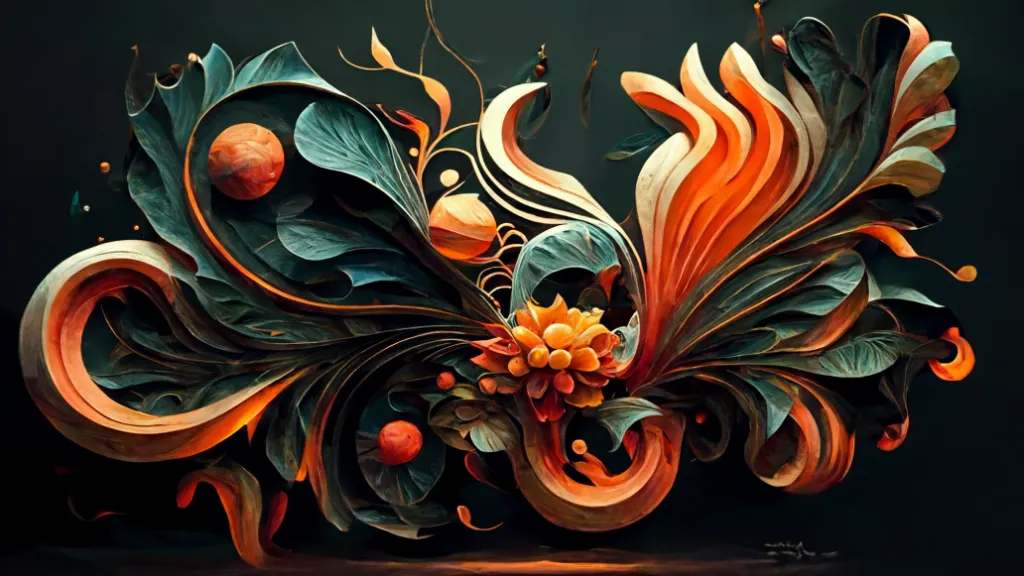 a painting of a flower and leaves on a black background