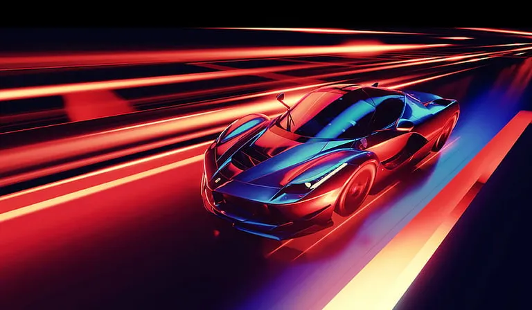 a red and blue sports car driving down a road