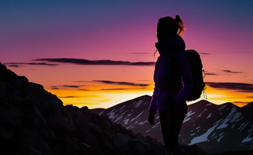 A silhouette of a person standing on a mountain at sunset with friends. Add a character or two