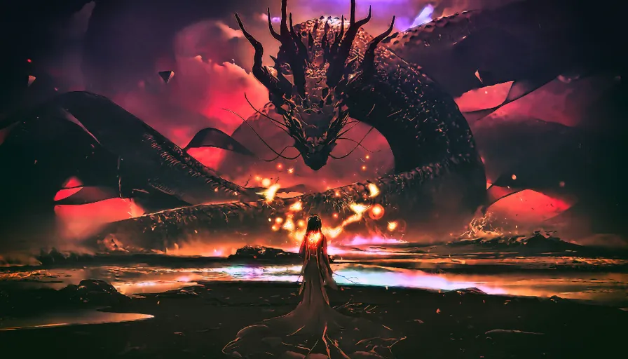 a woman standing in front of a fire breathing dragon