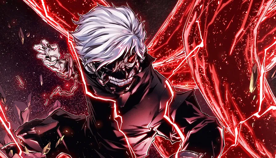 a man with white hair standing in front of a red background