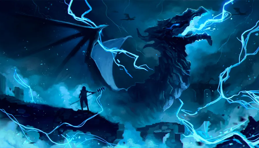 a man standing on top of a mountain next to a dragon