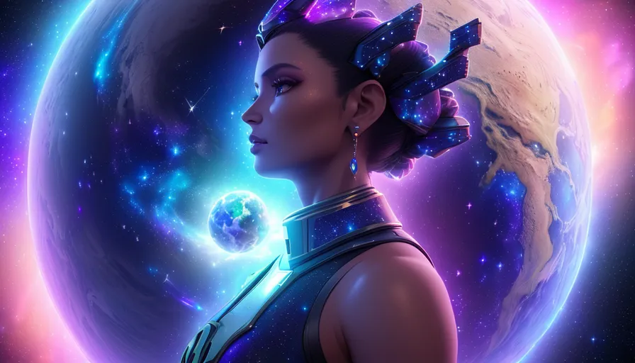a woman in a space scene with a planet in the background