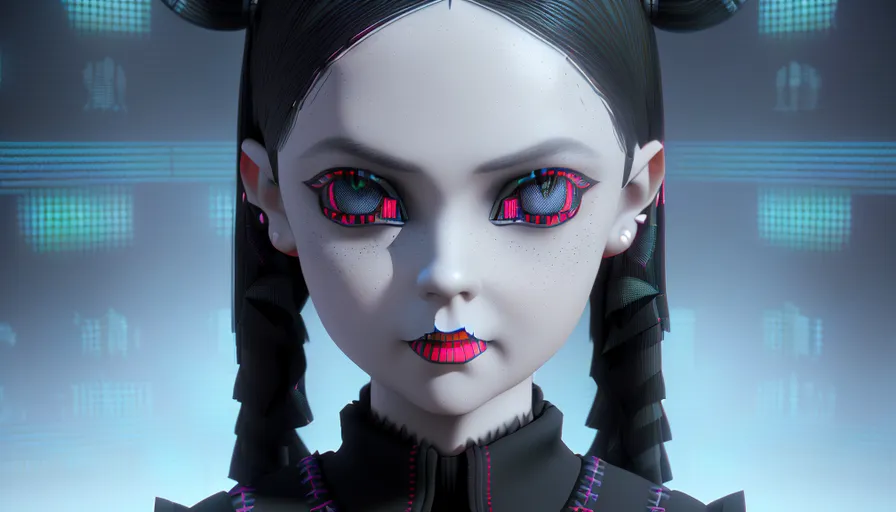 a close up of a person with red eyes