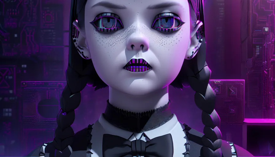 a girl with purple eyes and a black bow tie
