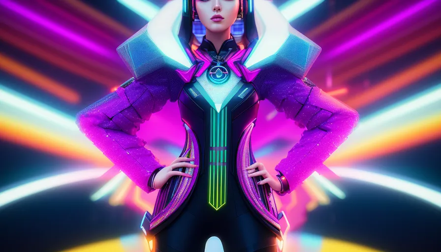 a woman standing in front of a neon background
