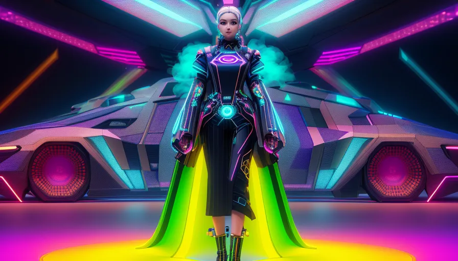 a woman standing in front of a futuristic vehicle