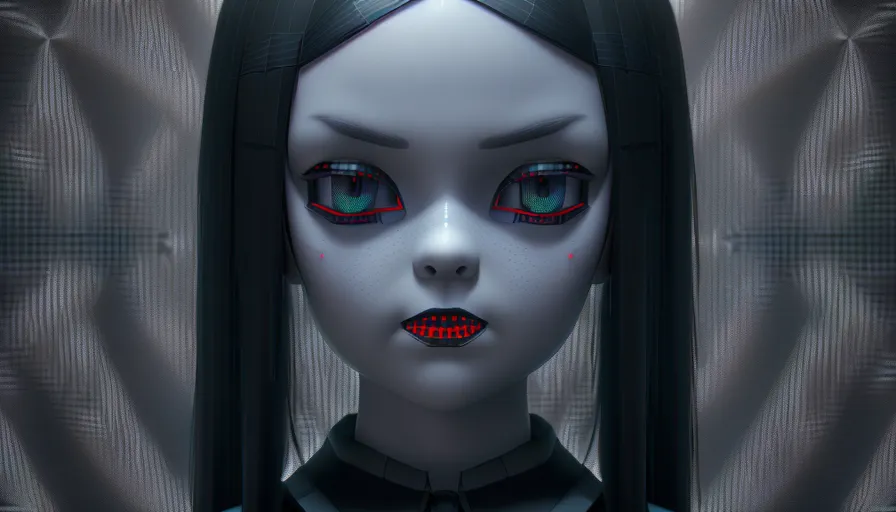 a creepy looking woman with red eyes and black hair