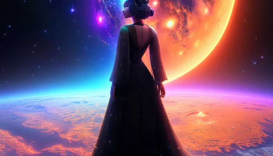 a woman in a long dress standing in front of a large planet
