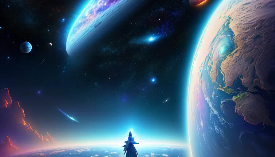 a person standing in the middle of a space filled with planets