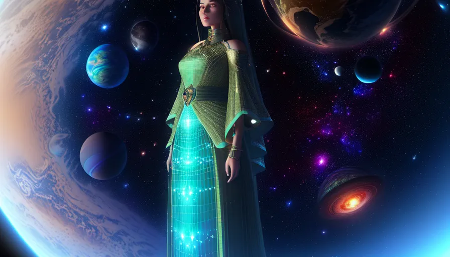 a woman in a green dress standing in front of planets