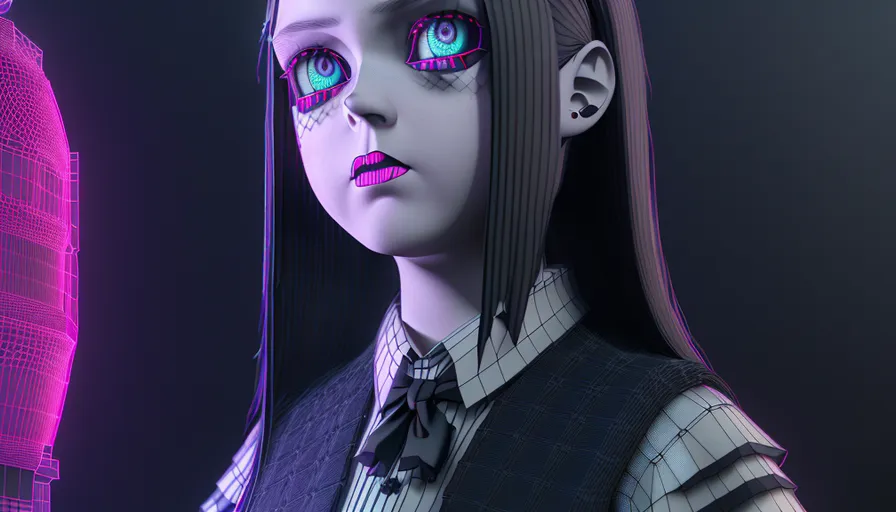 a woman with blue and pink eyes standing next to a tall building