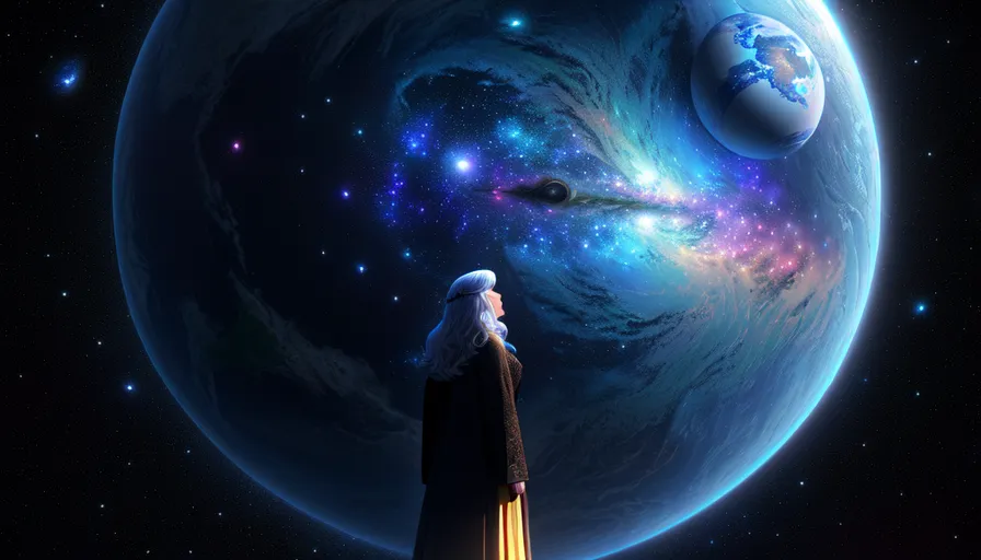 a man standing in front of a large blue planet