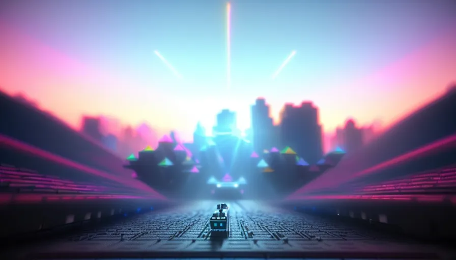 a computer screen with a city in the background