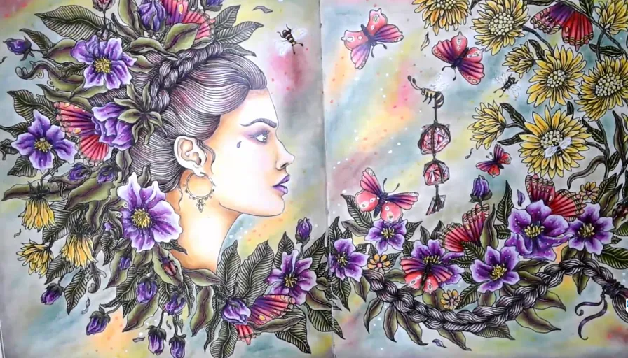 a drawing of a woman with flowers in her hair