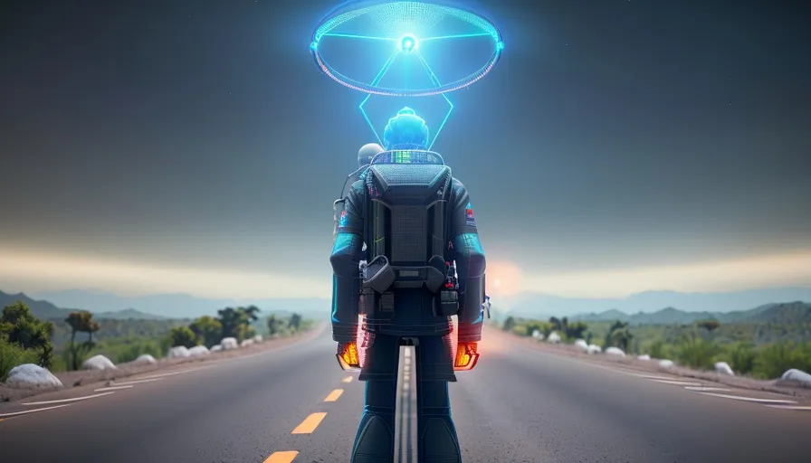a man standing on a road with a backpack on his head