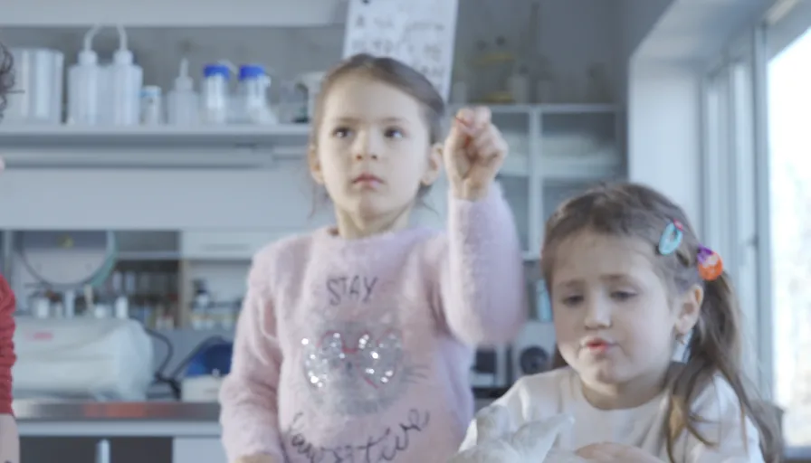 a group of children are playing in a kitchen