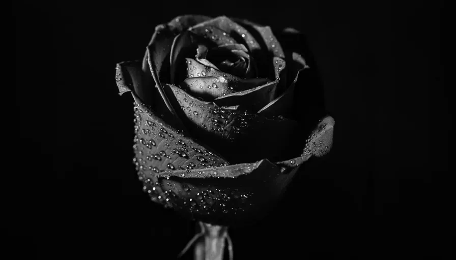 a black and white photo of a rose with water droplets