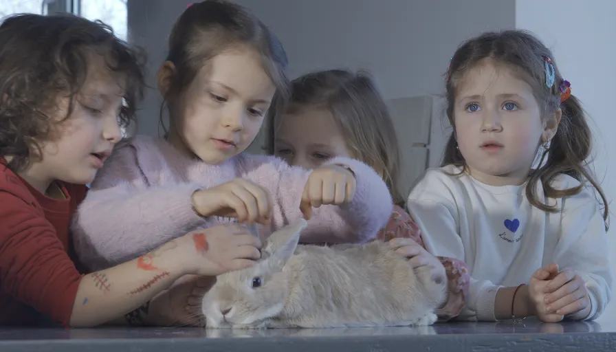 a group of children are playing with a rabbit