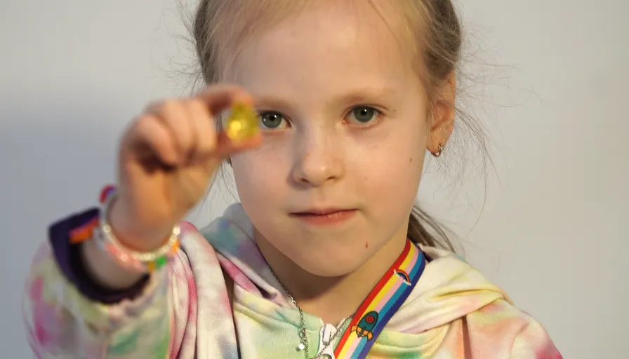 a young girl is holding a coin in her hand