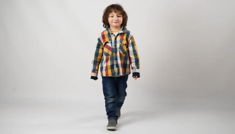 a young boy in a plaid shirt walking on a white background