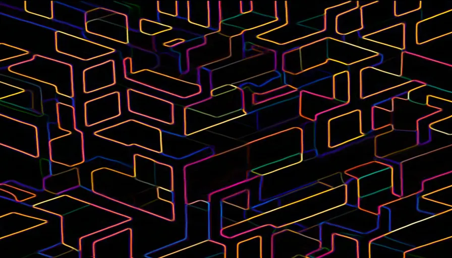 a black background with neon lines and squares