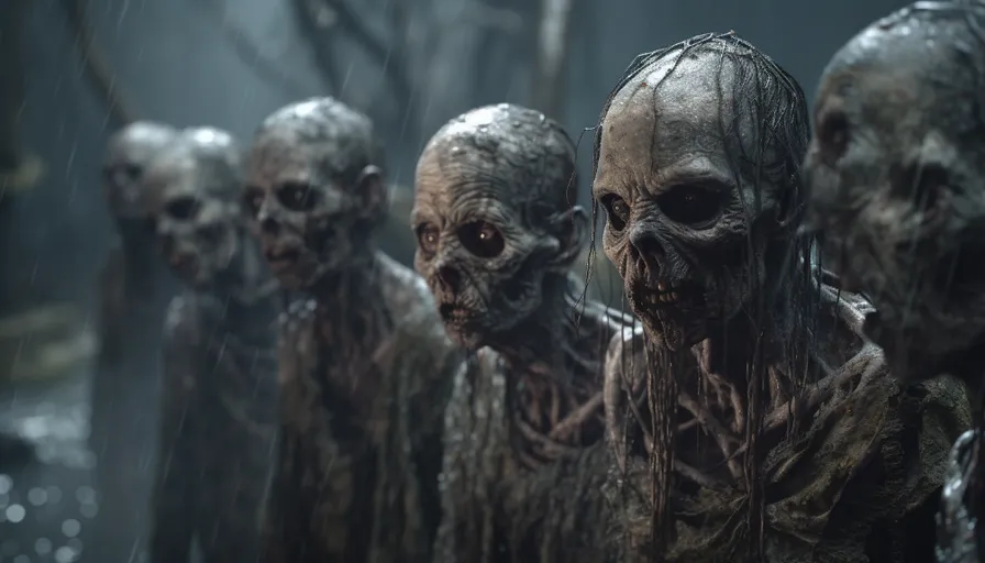 a group of creepy looking people standing in the rain