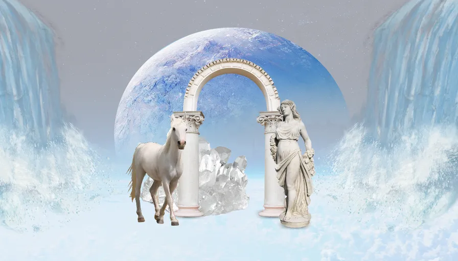 a white horse standing next to a waterfall