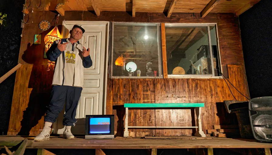 a man standing in front of a wooden house
