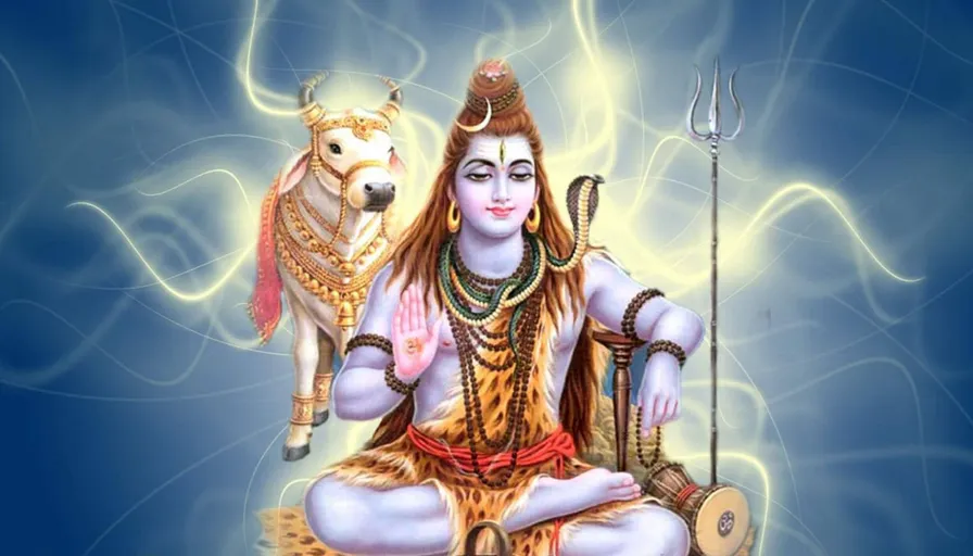 a painting of a hindu god sitting on a rock