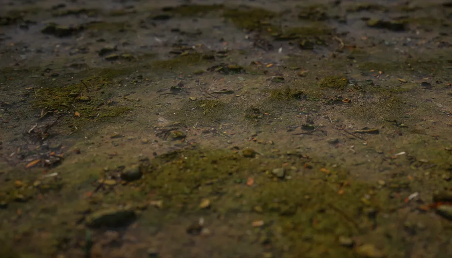 a close up of a dirt field with grass and leaves