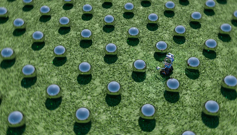 an aerial view of a field of grass with blue balls