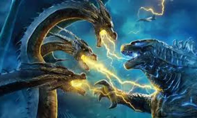 two godzillas fighting over a lightning bolt