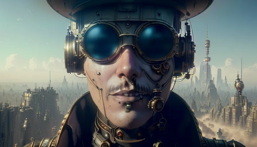 a man wearing a helmet and goggles in front of a city