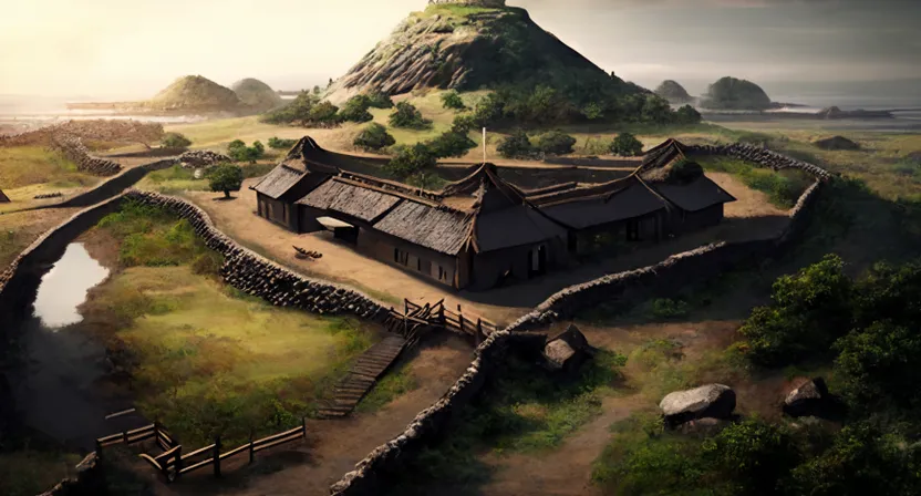 an artist's rendering of a village on a hill