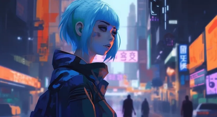 a woman with blue hair standing on a city street