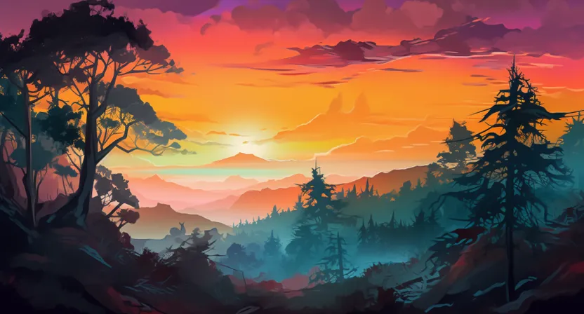 a painting of a sunset in the mountains