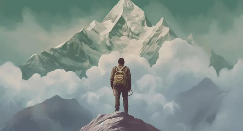 a man standing on top of a mountain with a backpack