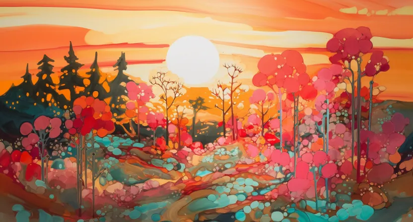 a painting of a colorful landscape with trees