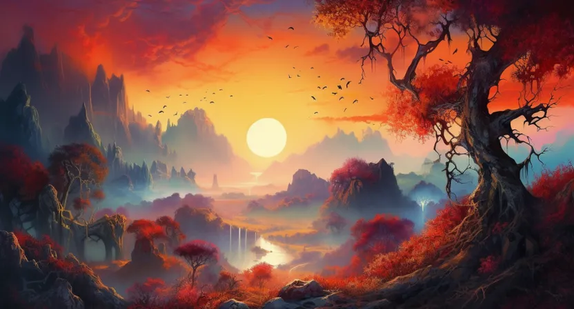 a painting of a sunset in a forest