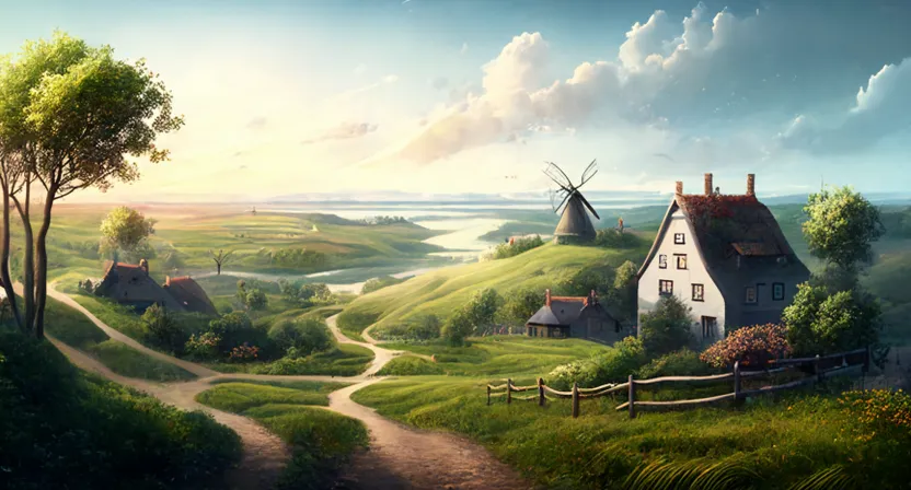 a painting of a rural landscape with windmills